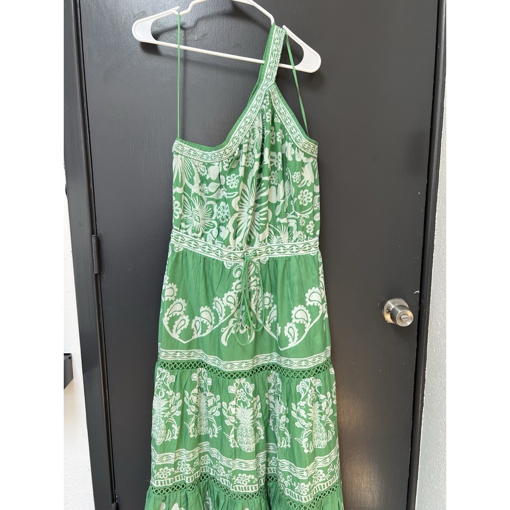 Farm Rio Sz L Green Sweet Garden Maxi Dress One Shoulder Tiered Skirt Pockets